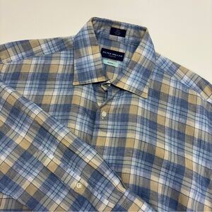 Peter Millar Casual Blue and Tan Plaid Shirt